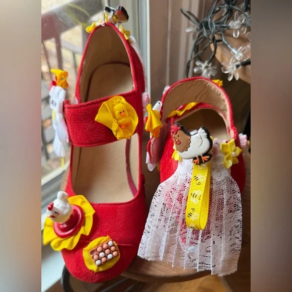 Custom/Handmade Whimsical Red, Yellow, and white Chicken Themed Mary Jane Pump - Picture 3 of 12